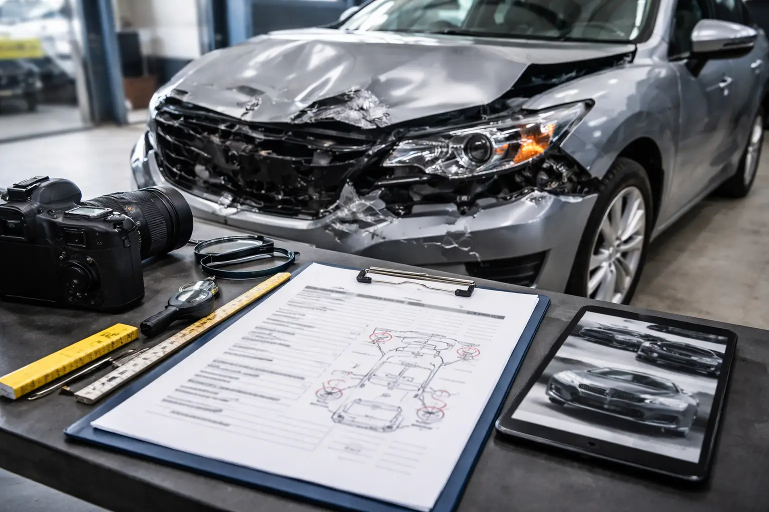 Unfallgutachten an beschädigtem Auto mit Frontschaden und Dokumentation durch Kfz-Sachverständigen