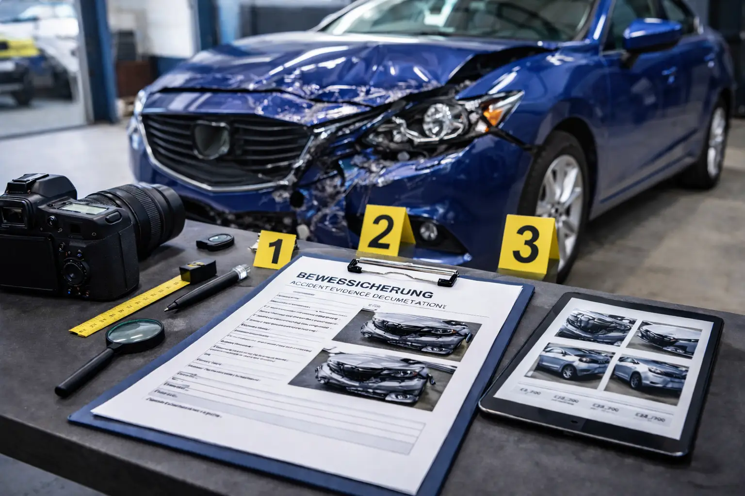 Unfallgutachten an beschädigtem Auto mit Spurensicherung und Dokumentation