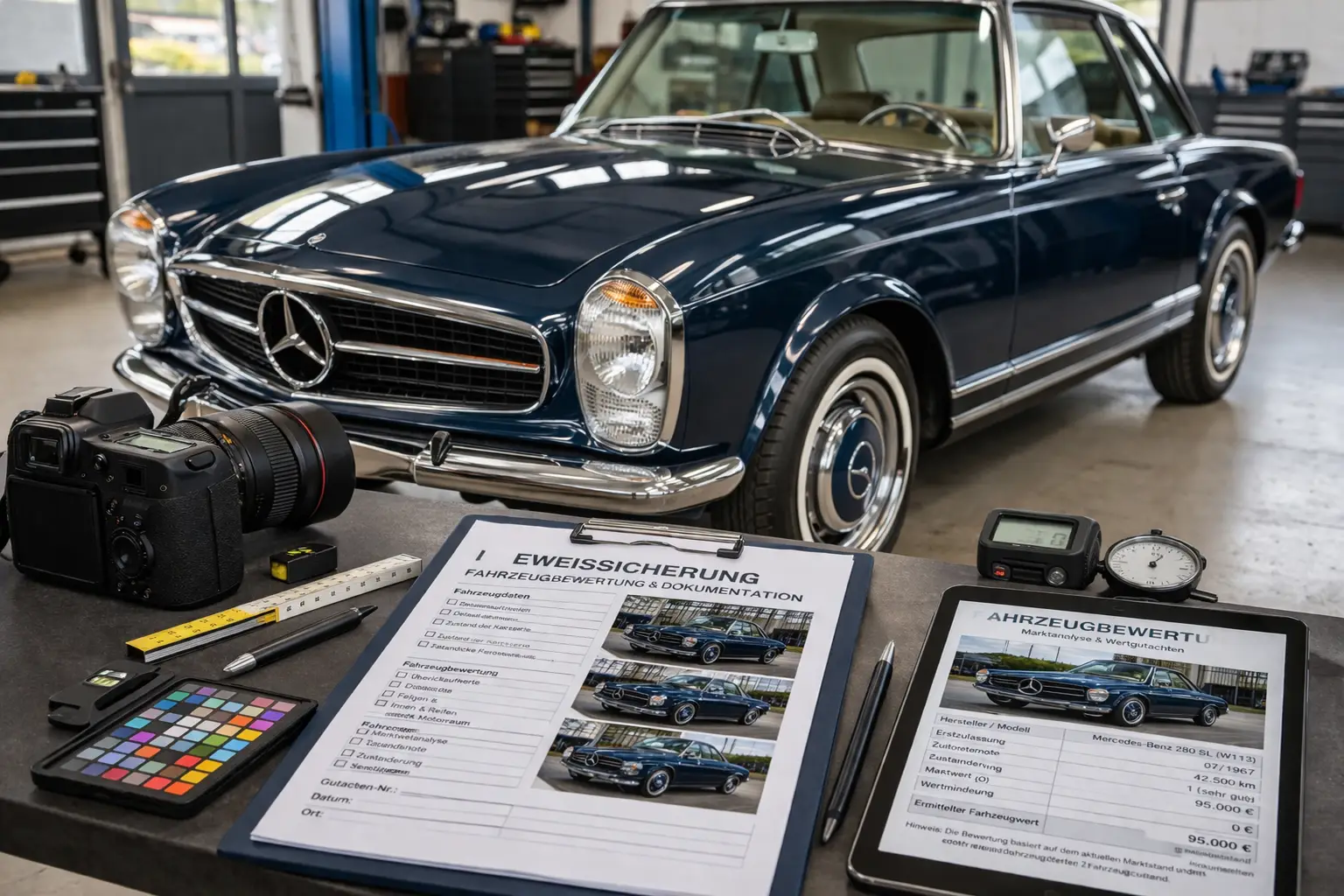 Kfz-Gutachter prüft klassischen Mercedes Oldtimer und erstellt Fahrzeugbewertung