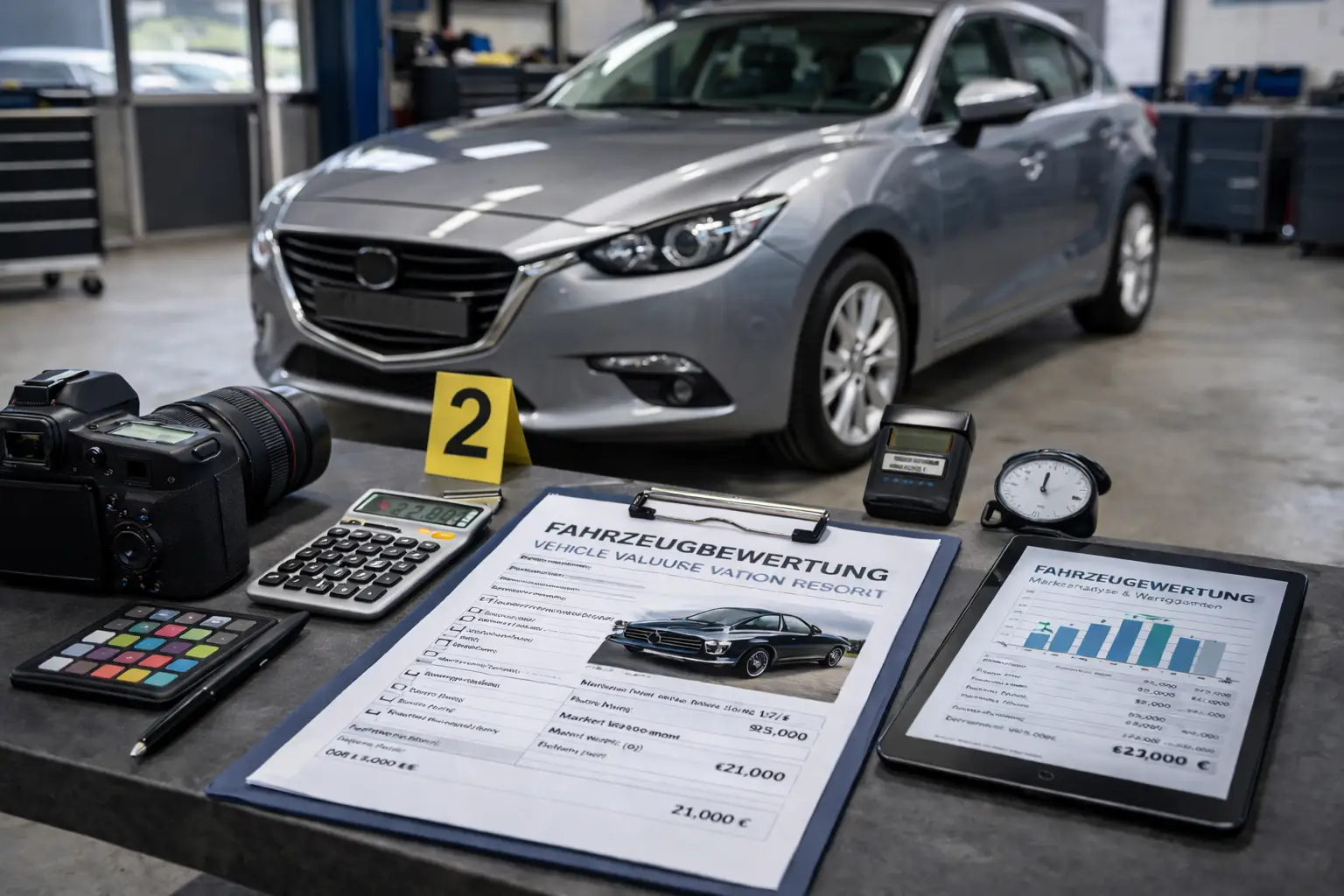 Fahrzeugbewertung durch Kfz-Sachverständigen mit Dokumentation und Analyse eines Autos